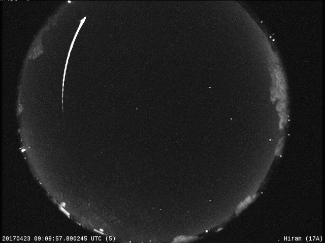 Photo: A Bright Meteor - a Fireball - Recorded over Hiram April 23, 2017. Image Credit: NASA/MEO