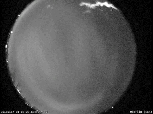 A fireball meteor (bright dot in the upper-right of this image) flared brilliantly northwest of Detroit, Michigan, as it shot through the atmosphere. Here the event is shown as imaged by the NASA All-Sky Fireball Network camera at Oberlin College in Northeastern Ohio. The camera system located at Hiram College recorded a flash in the clouds close to the horizon but was a bit too far away for a better look. Courtesy: NASA Meteoroid Environment Office (MEO)