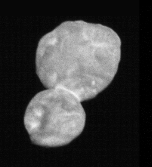 This image taken by the Long-Range Reconnaissance Imager (LORRI) is the most detailed of Ultima Thule returned so far by the New Horizons spacecraft. It was taken at 5:01 Universal Time on January 1, 2019, just 30 minutes before closest approach from a range of 18,000 miles (28,000 kilometers), with an original scale of 730 feet (140 meters) per pixel. Credit: NASA/Johns Hopkins University Applied Physics Laboratory/Southwest Research Institute